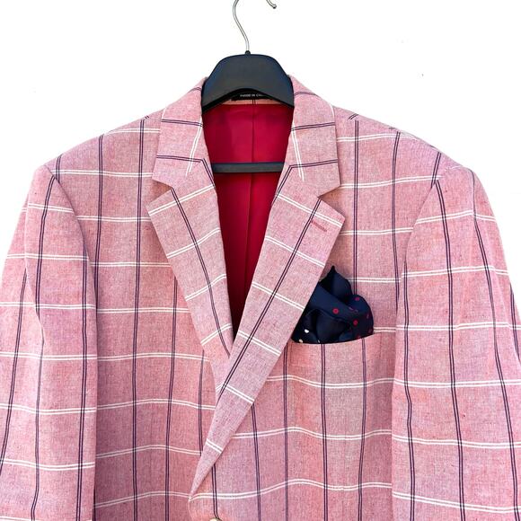 Paul Fredrick Linen Cotton Men’s Blazer Jacket Red Pink 48R Windowpane Preppy - Picture 6 of 8